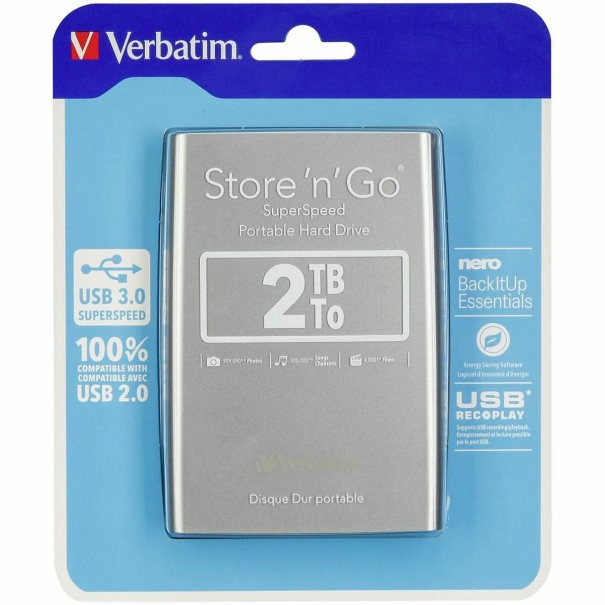 Disque Dur Externe Verbatim Disco Duro Portátil Store 'n' Go USB 3.0 de 2 TB en color Plateado